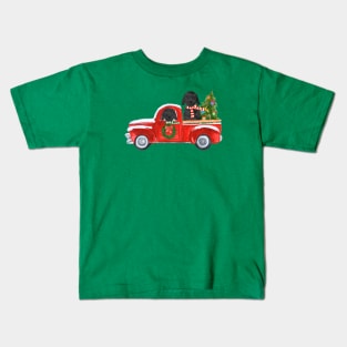 Black Lab Dogs Red Christmas Truck Kids T-Shirt